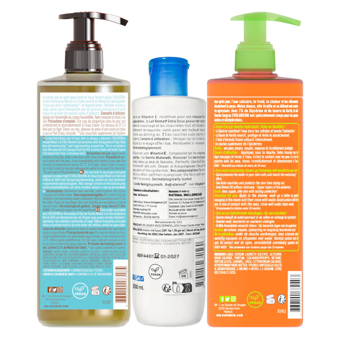 Evoluderm Surgras Shower Gel 500ml + Gentle Eye Makeup Remover 250ml + Stimulating Shower Gel 500ml | Made in France, Soap-Free, Dermatologically Tested | 3pc Combo