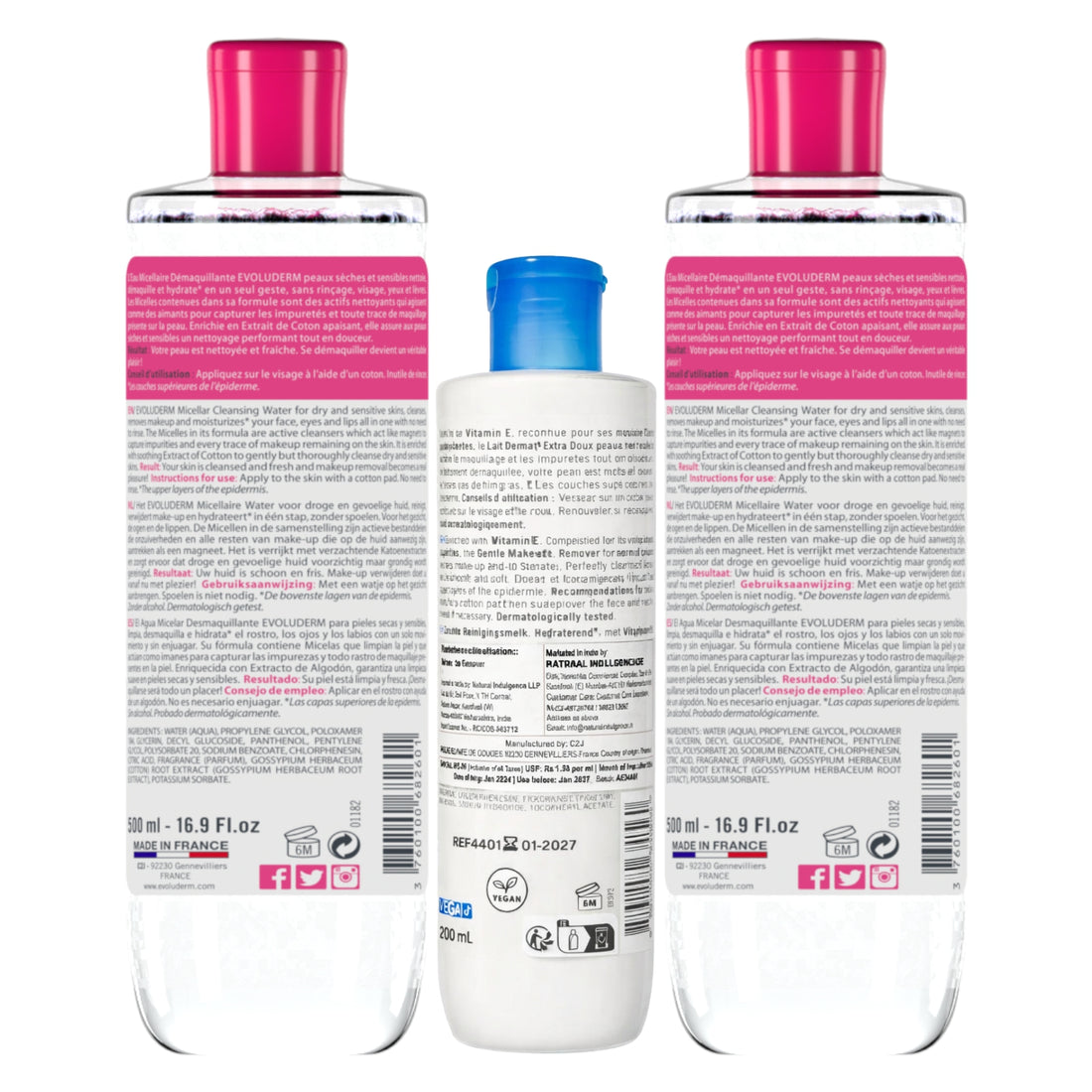 Evoluderm Micellar Cleansing Water Dry & Sensitive Skin 500ml ×2 + Gentle Cleansing Milk with Vitamin E 200ml (3pc Combo)