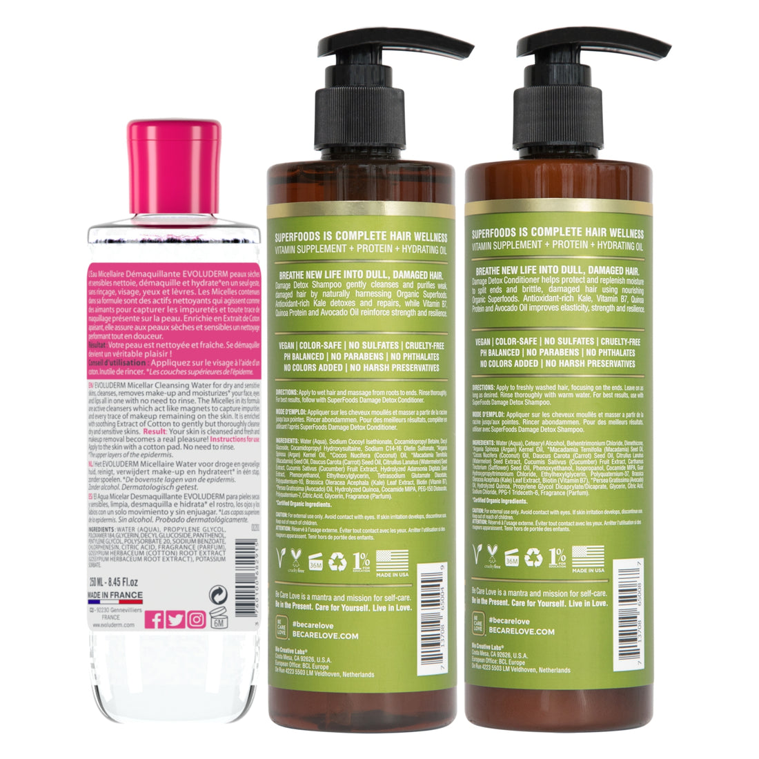 SUPER FOODS Damage Remedy Shampoo & Conditioner (355 mL Each) + Evoluderm Micellar Cleansing Water (250 mL) | Vegan, Sulfate-Free, Color-Safe Haircare & Gentle Makeup Remover