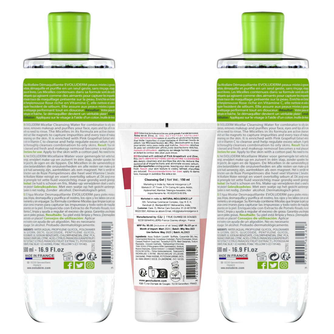 Evoluderm Micellar Cleansing Water Combination to Oily Skin 500ml (2pcs) + Evoluderm Anti Imperfections Exfoliating Cleansing Gel Pink Grapefruit 150ml (3pc Combo)