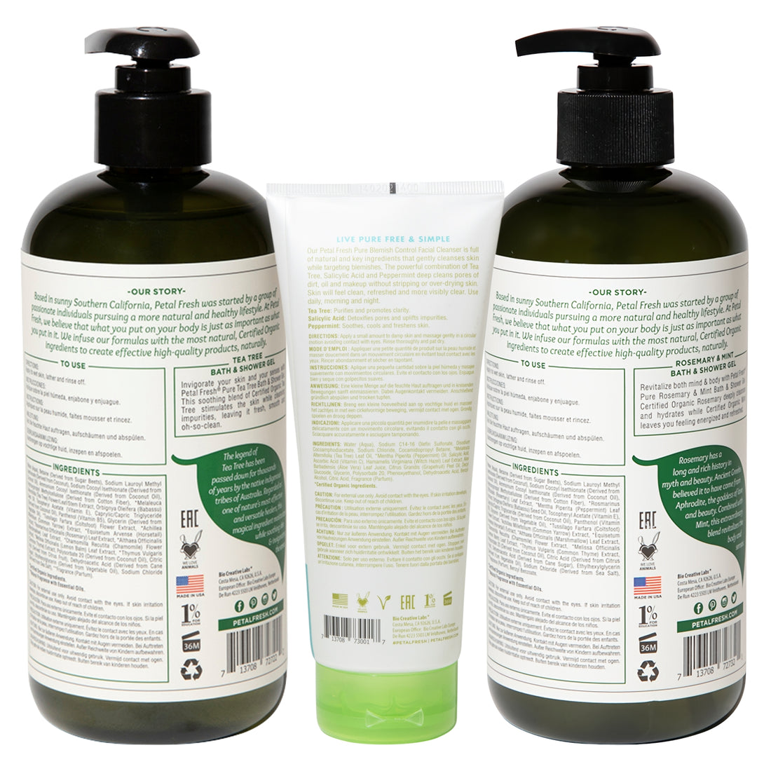 Petal Fresh Bath & Shower Gel Rosemary Mint 475 mL + Bath & Shower Gel Tea Tree 475 mL + Facial Cleanser Tea Tree & Peppermint with Salicylic Acid 200 mL (3pc Combo)