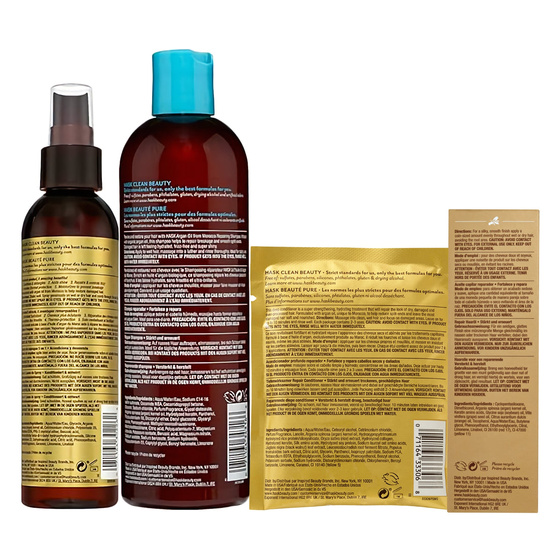 HASK Argan Oil Repairing Shampoo 355ml + HASK Argan Oil 5‑in‑1 Leave‑In Spray 175ml + HASK Argan Oil Repairing Deep Conditioner 50g + HASK Argan Oil Repairing Hair Oil 59ml (4pc Combo)