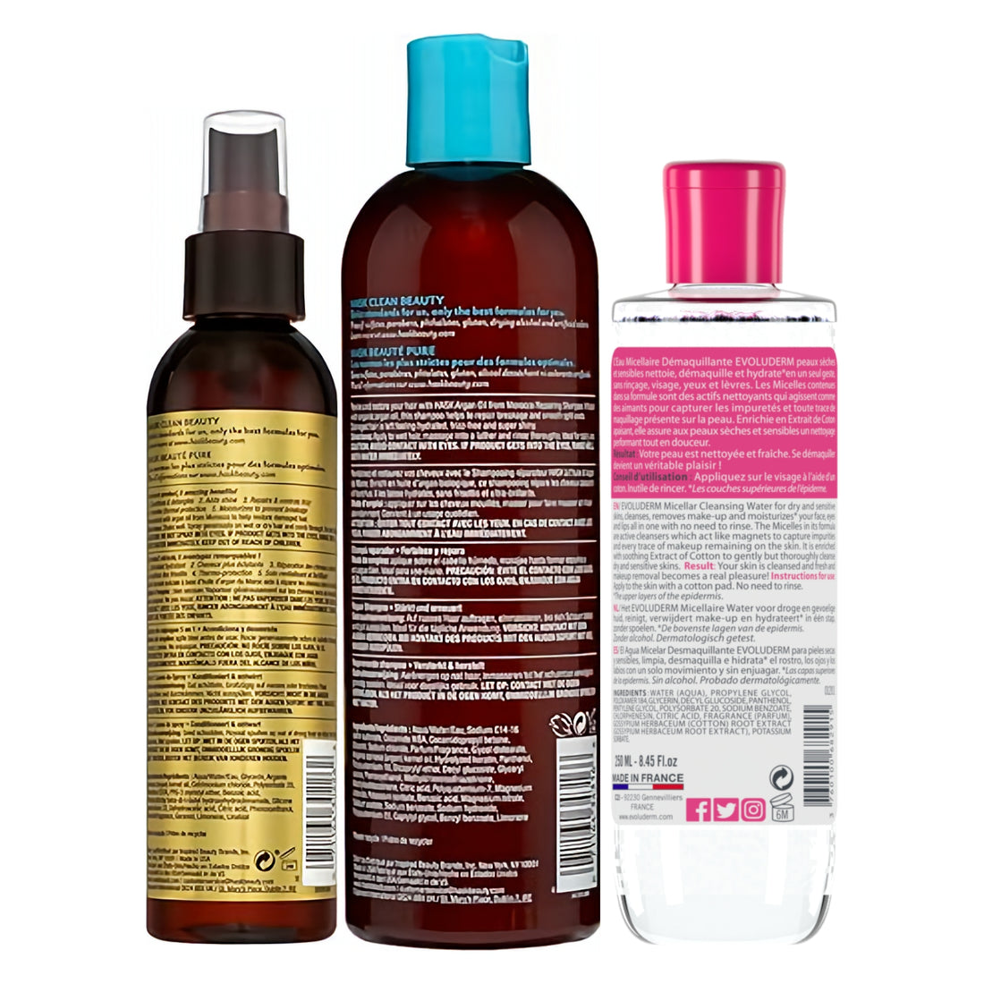 HASK Argan Oil Repairing Shampoo 355ml + HASK Argan Oil 5-in-1 Leave-In Spray 175ml + Evoluderm Micellar Cleansing Water 250ml | Strengthens, Restores & Hydrates | Hair & Skin Care (3pc Combo )