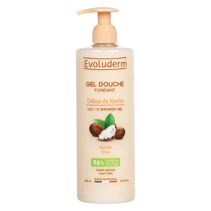Evoluderm Gel Douche Surgras Hydratant Shower Gel Dry Skin 500ml + Evoluderm Eau Micellaire Démaquillante Cleansing Water Sensitive Skin 250ml + Evoluderm Gel Douche Fondant Délice de Karité Shea Butter Shower Gel 500ml (3pc Combo)