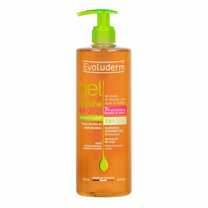 Evoluderm Gel Douche Surgras Hydratant Shower Gel Dry Skin 500ml + Evoluderm Eau Micellaire Démaquillante Cleansing Water Sensitive Skin 250ml + Evoluderm Gel Douche Fondant Délice de Karité Shea Butter Shower Gel 500ml (3pc Combo)