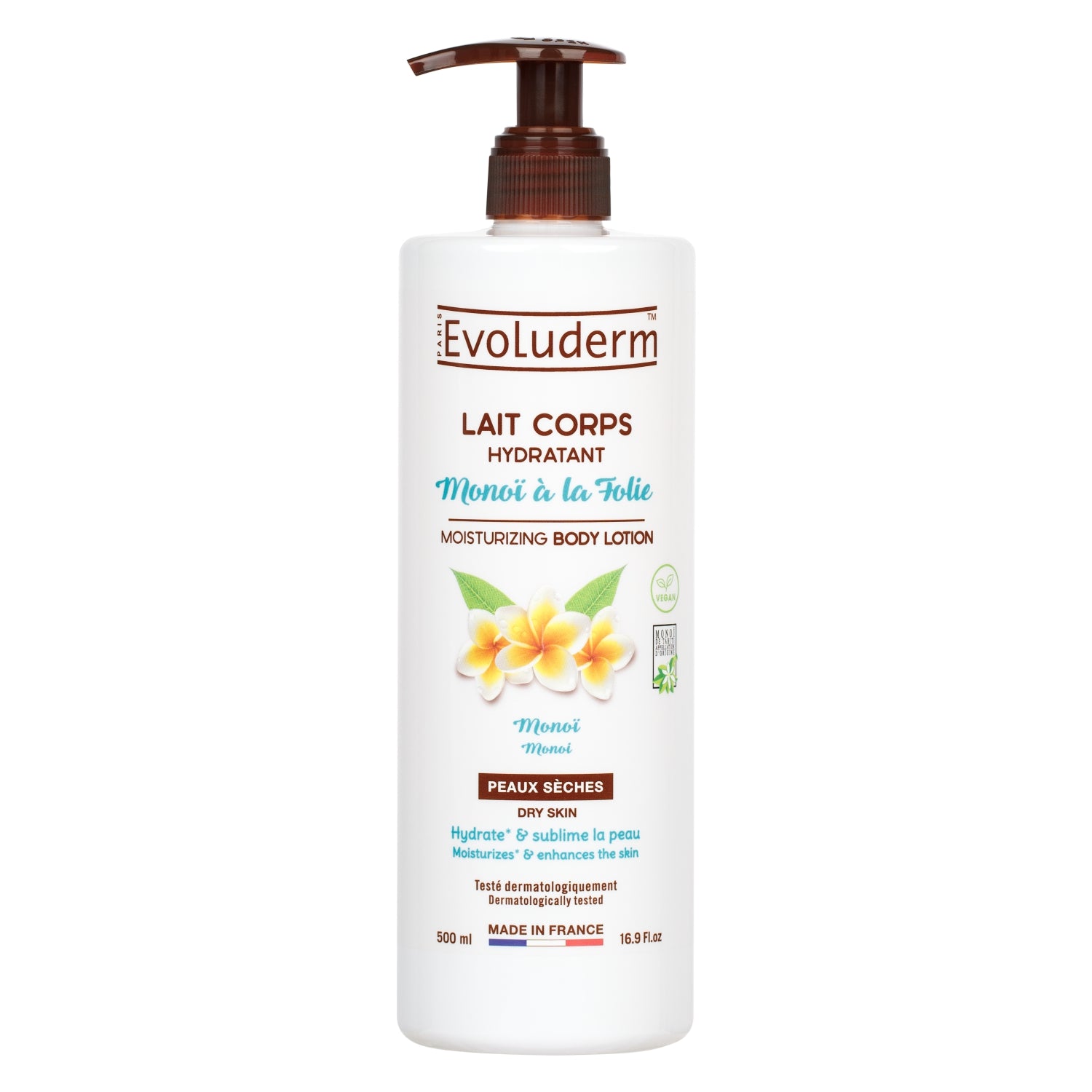 Evoluderm Body Lotion Monoi à la Folie 500ml + Evoluderm Shower Gel Monoi à la Folie 500ml + Evoluderm Micellar Water Dry &amp; Sensitive Skin 250ml (3pc Combo) Dermatologically Tested, Made in France