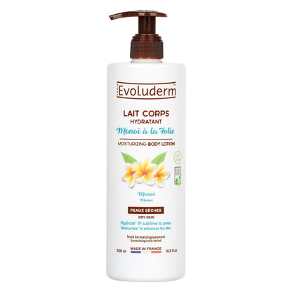 Evoluderm Body Lotion Monoi à la Folie 500ml + Evoluderm Shower Gel Monoi à la Folie 500ml + Evoluderm Micellar Water Dry &amp; Sensitive Skin 250ml (3pc Combo) Dermatologically Tested, Made in France