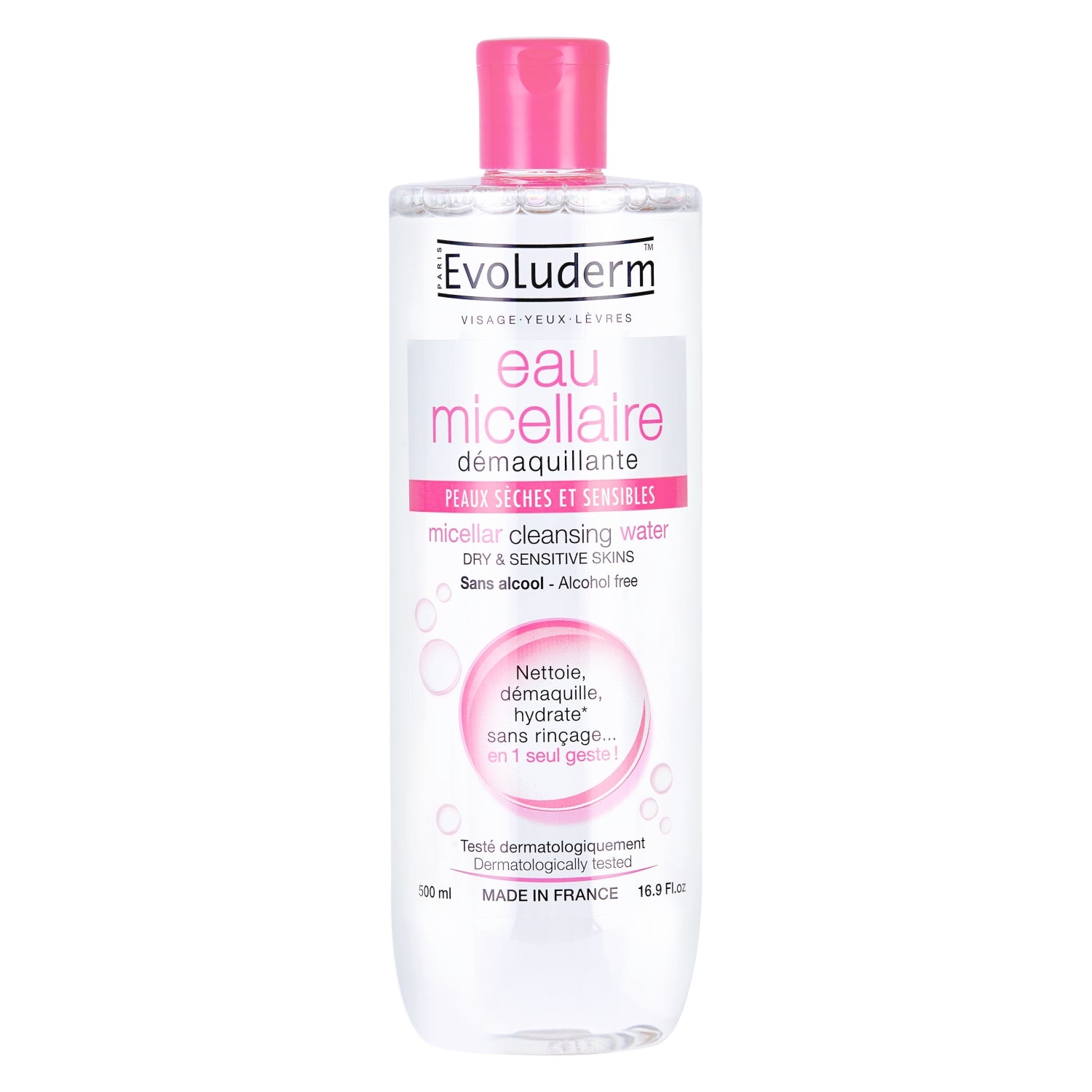 Evoluderm Micellar Cleansing Water for Dry &amp; Sensitive Skin 500ml (Pack of 2) + Anti‑Imperfections Exfoliating Cleansing Gel with Pink Grapefruit &amp; Zinc 150ml | Made in France (3pc Combo)