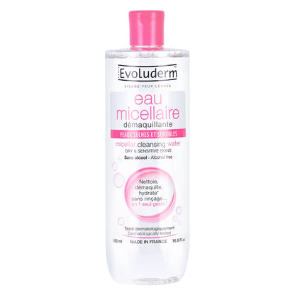 Evoluderm Micellar Cleansing Water for Dry &amp; Sensitive Skin 500ml (Pack of 2) + Anti‑Imperfections Exfoliating Cleansing Gel with Pink Grapefruit &amp; Zinc 150ml | Made in France (3pc Combo)