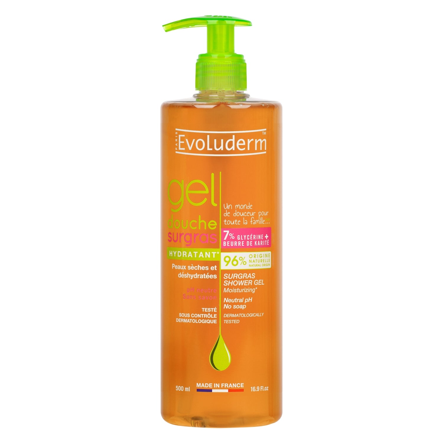 Evoluderm Surgras Shower Gel 500ml + Gentle Eye Makeup Remover 250ml + Stimulating Shower Gel 500ml | Made in France, Soap-Free, Dermatologically Tested | 3pc Combo