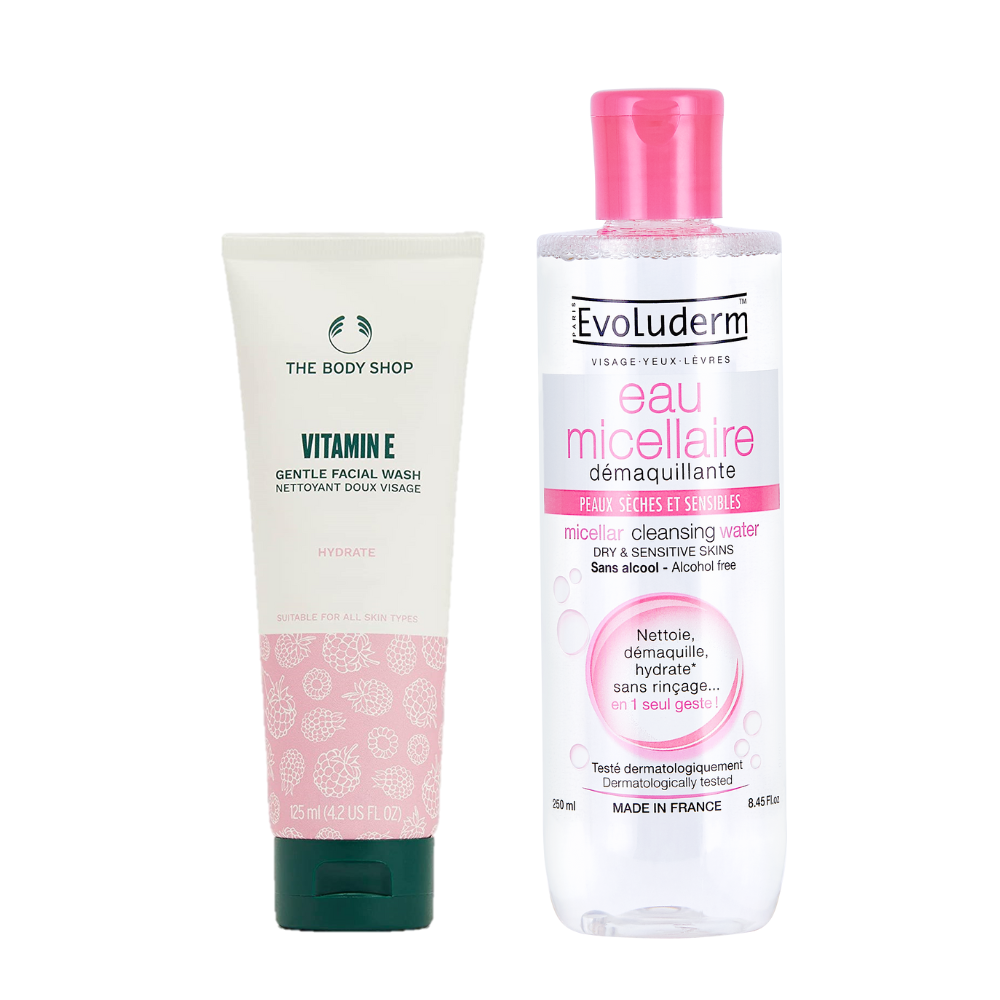 Vitamin E Gentle Face Wash + Micellar Cleansing Water for Dry & Sensitive Skin Combo