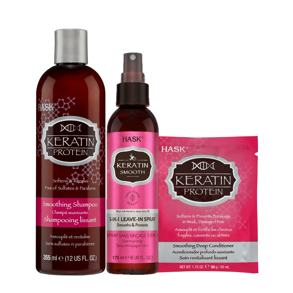 Hask Keratin Smoothing Shampoo + Deep Conditioner + Leave In Spray Combo