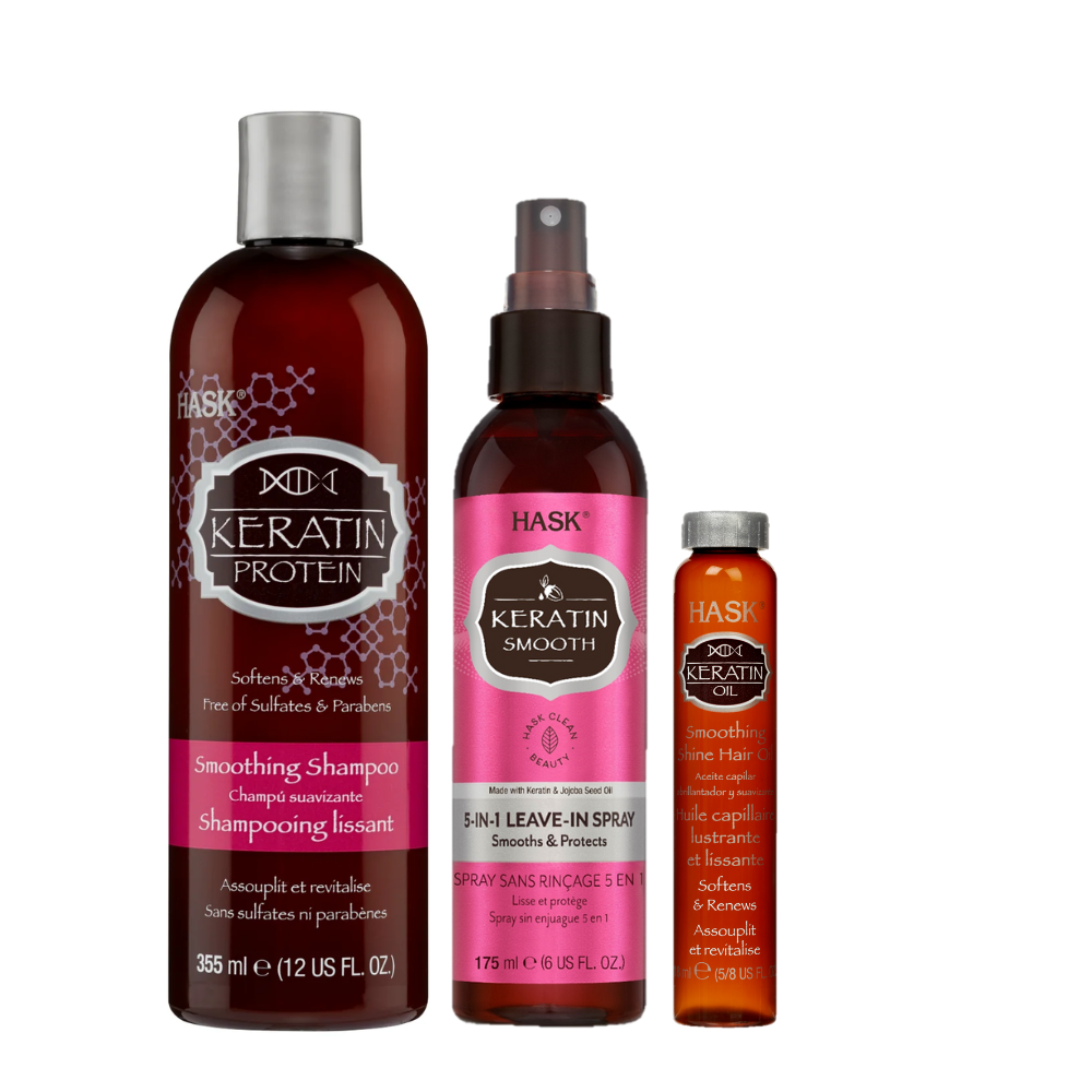 Hask Keratin Smoothing Shampoo + Leave In Spray + Hair Oil Combo