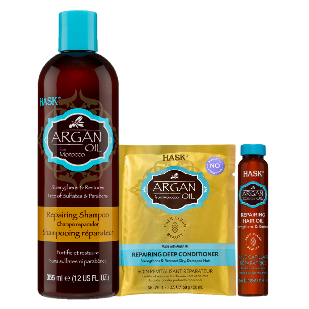 Hask Argan Oil Repairing Shampoo + Deep Conditioner + Hair Oil Combo