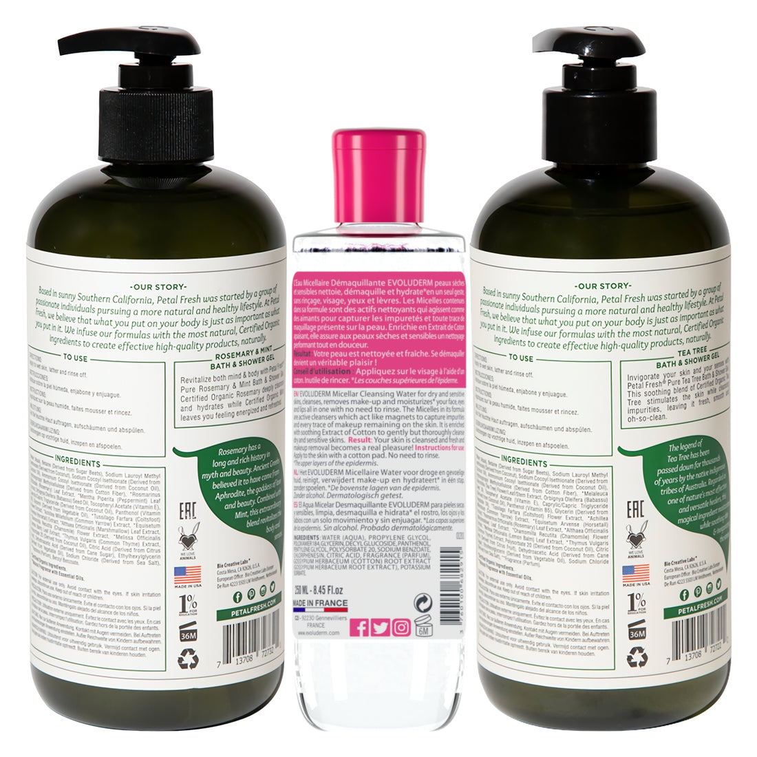 Petal Fresh Pure Bath &amp; Shower Gel Rosemary &amp; Mint 475ml + Petal Fresh Pure Bath &amp; Shower Gel Tea Tree 475ml + Evoluderm Micellar Cleansing Water for Dry &amp; Sensitive Skin 250ml (3pc Combo Pack)