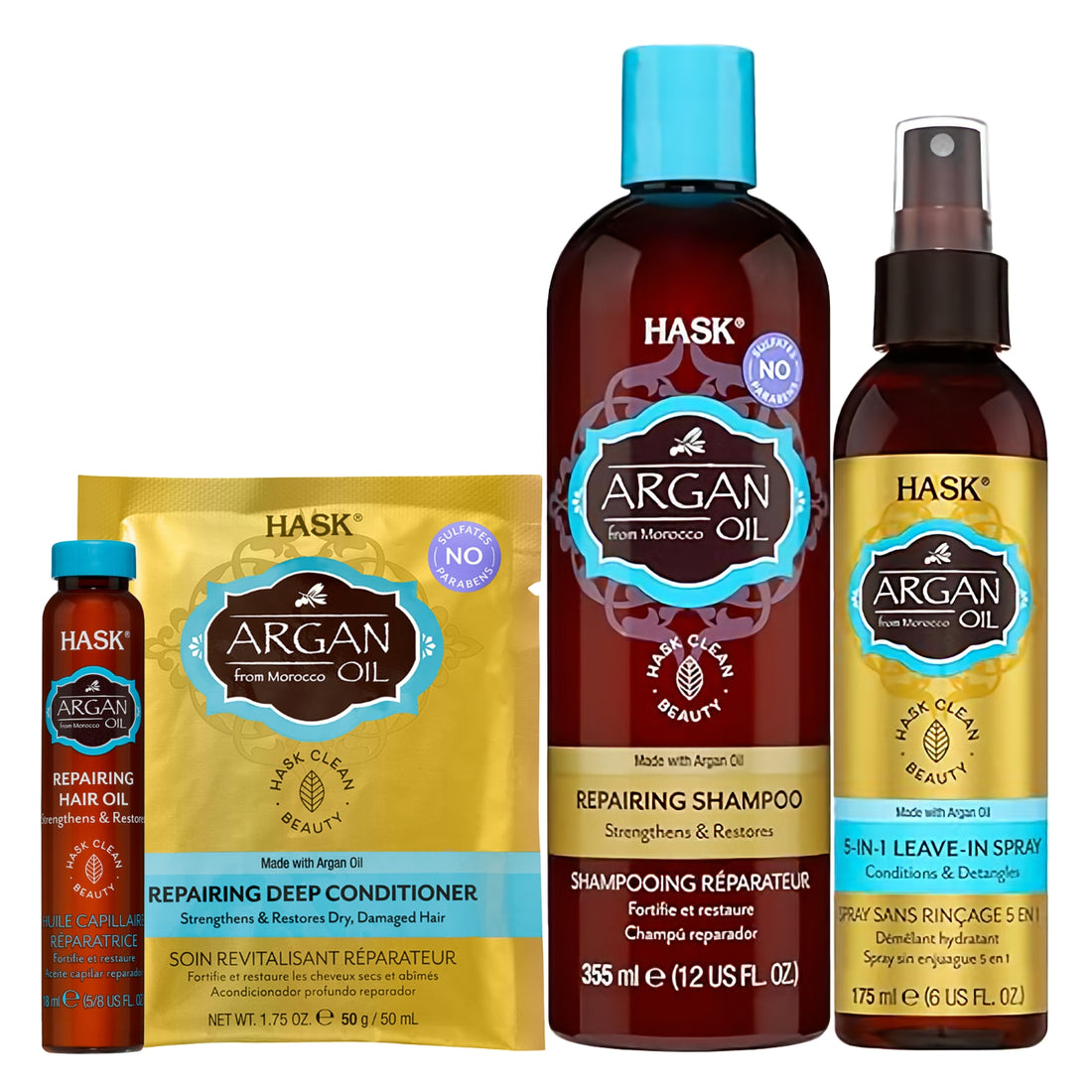 HASK Argan Oil Repairing Shampoo 355ml + HASK Argan Oil 5‑in‑1 Leave‑In Spray 175ml + HASK Argan Oil Repairing Hair Oil 18ml + HASK Argan Oil Repairing Deep Conditioner 50g – Sulfate Free, Paraben Free, Strengthens &amp; Restores Dry Damaged Hair (4pc Combo)