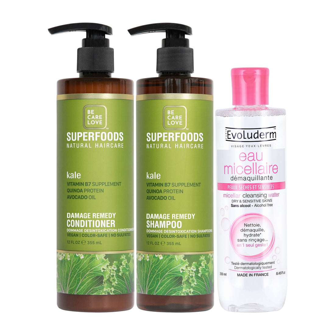 SUPER FOODS Damage Remedy Shampoo & Conditioner (355 mL Each) + Evoluderm Micellar Cleansing Water (250 mL) | Vegan, Sulfate-Free, Color-Safe Haircare & Gentle Makeup Remover