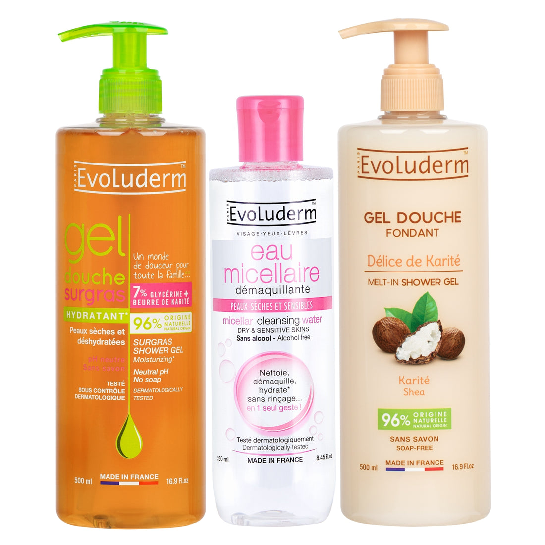 Evoluderm Gel Douche Surgras Hydratant Shower Gel Dry Skin 500ml + Evoluderm Eau Micellaire Démaquillante Cleansing Water Sensitive Skin 250ml + Evoluderm Gel Douche Fondant Délice de Karité Shea Butter Shower Gel 500ml (3pc Combo)