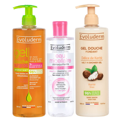 Evoluderm Gel Douche Surgras Hydratant Shower Gel Dry Skin 500ml + Evoluderm Eau Micellaire Démaquillante Cleansing Water Sensitive Skin 250ml + Evoluderm Gel Douche Fondant Délice de Karité Shea Butter Shower Gel 500ml (3pc Combo)