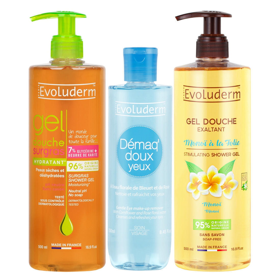 Evoluderm Surgras Shower Gel 500ml + Gentle Eye Makeup Remover 250ml + Stimulating Shower Gel 500ml | Made in France, Soap-Free, Dermatologically Tested | 3pc Combo