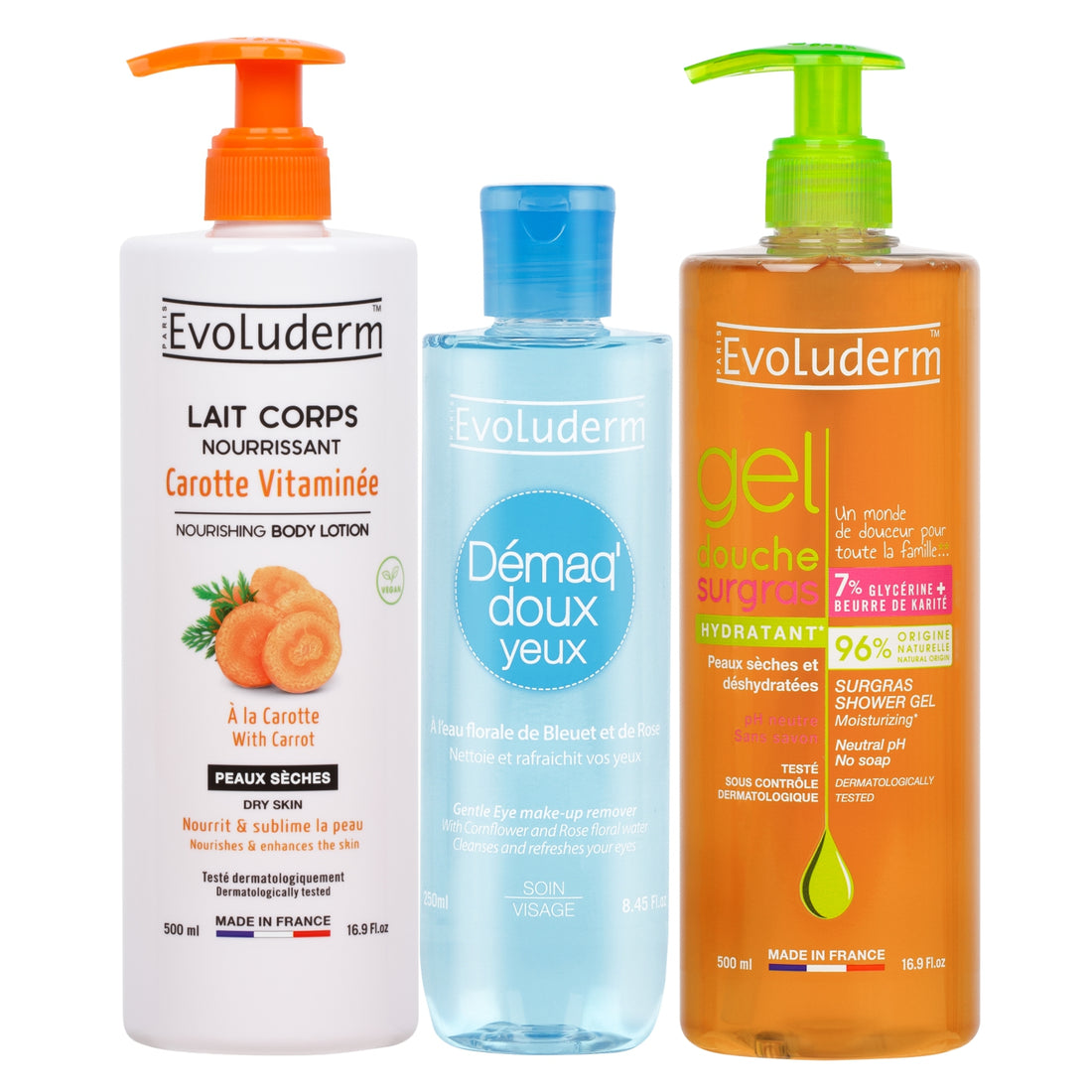 Evoluderm Lait Corps Nourrissant Carotte Vitaminée 500ml + Evoluderm Démaq Doux Yeux 250ml + Evoluderm Gel Douche Surgras Hydratant 500ml (3pc Combo)