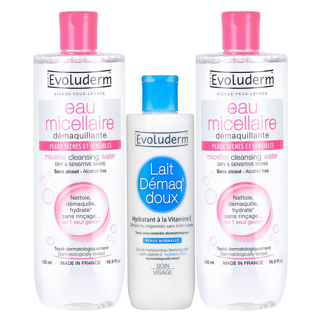 Evoluderm Micellar Cleansing Water Dry & Sensitive Skin 500ml ×2 + Gentle Cleansing Milk with Vitamin E 200ml (3pc Combo)