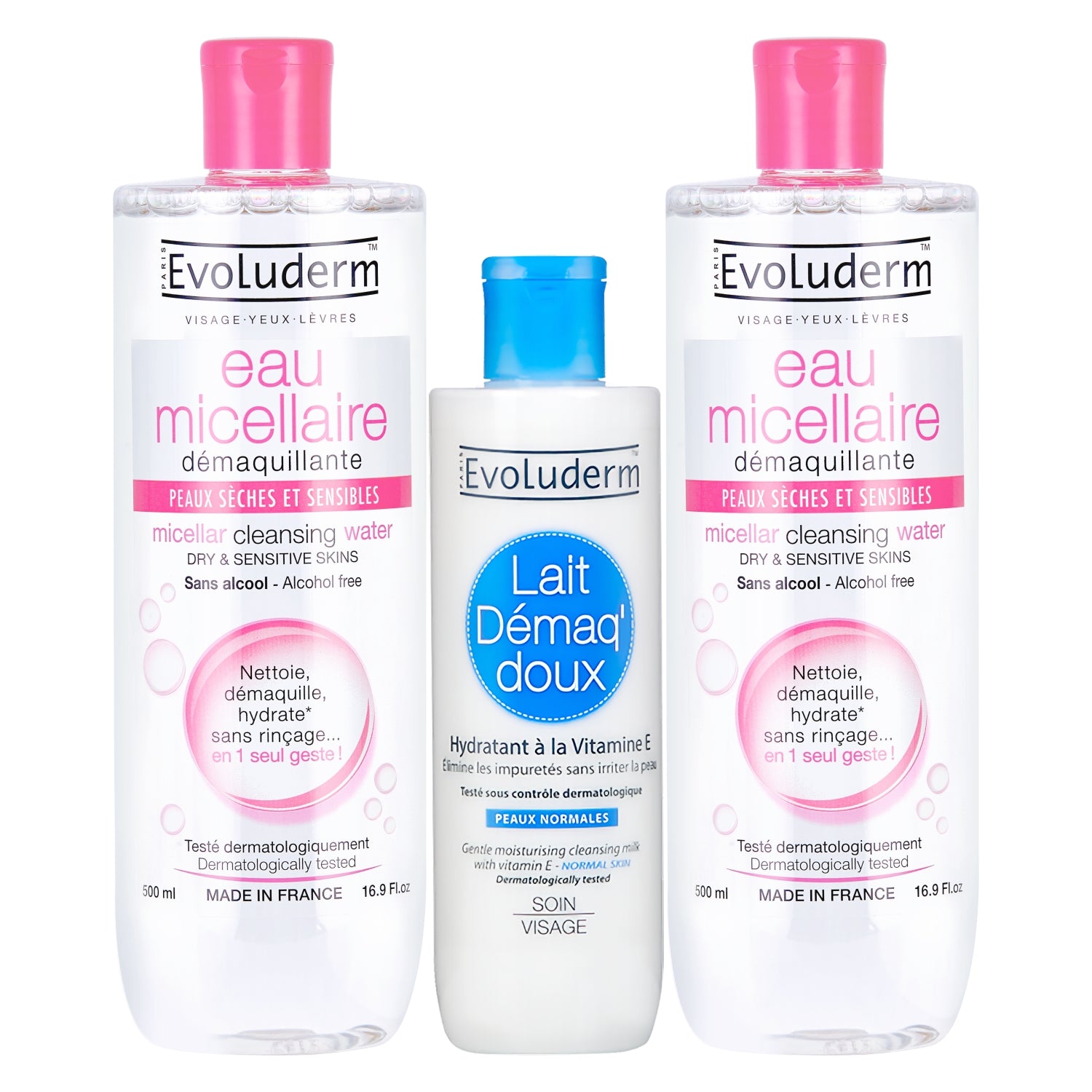 Evoluderm Micellar Cleansing Water Dry &amp; Sensitive Skin 500ml ×2 + Gentle Cleansing Milk with Vitamin E 200ml (3pc Combo)