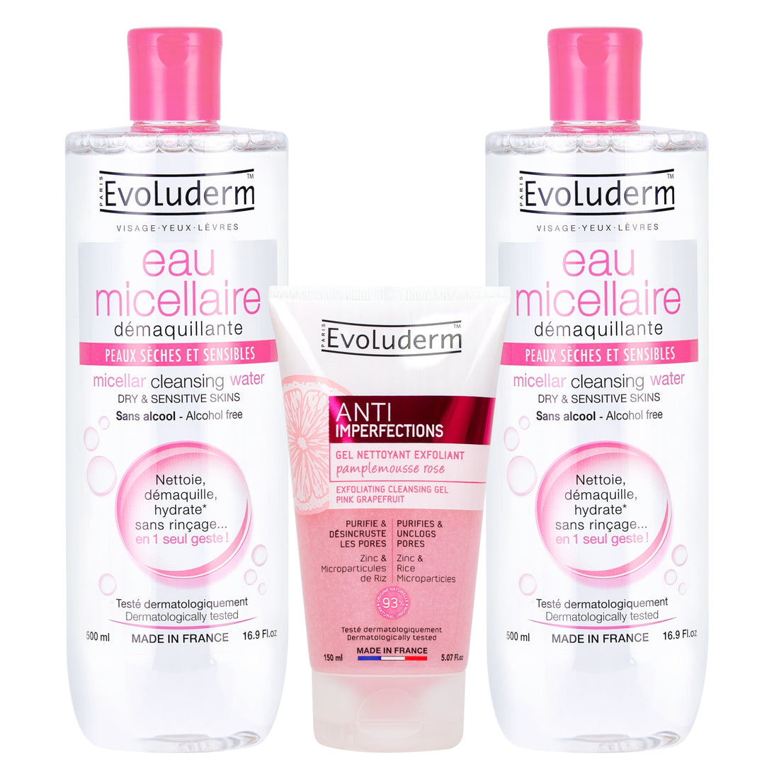 Evoluderm Micellar Cleansing Water for Dry &amp; Sensitive Skin 500ml (Pack of 2) + Anti‑Imperfections Exfoliating Cleansing Gel with Pink Grapefruit &amp; Zinc 150ml | Made in France (3pc Combo)