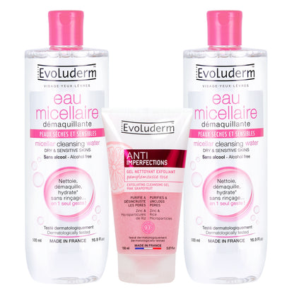 Evoluderm Micellar Cleansing Water for Dry &amp; Sensitive Skin 500ml (Pack of 2) + Anti‑Imperfections Exfoliating Cleansing Gel with Pink Grapefruit &amp; Zinc 150ml | Made in France (3pc Combo)