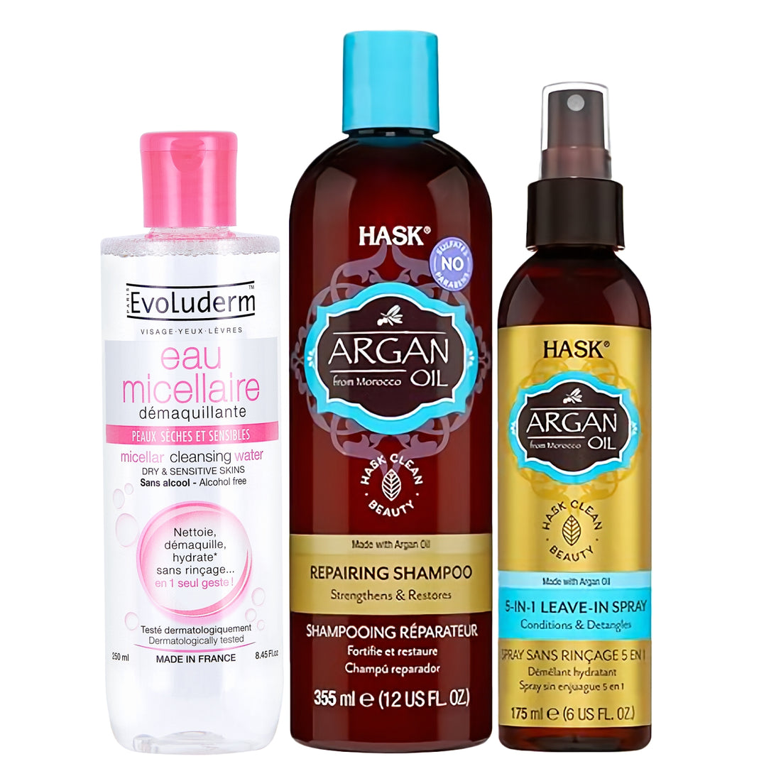 HASK Argan Oil Repairing Shampoo 355ml + HASK Argan Oil 5-in-1 Leave-In Spray 175ml + Evoluderm Micellar Cleansing Water 250ml | Strengthens, Restores &amp; Hydrates | Hair &amp; Skin Care (3pc Combo )