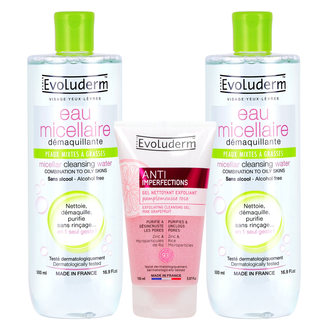 Evoluderm Micellar Cleansing Water Combination to Oily Skin 500ml (2pcs) + Evoluderm Anti Imperfections Exfoliating Cleansing Gel Pink Grapefruit 150ml (3pc Combo)