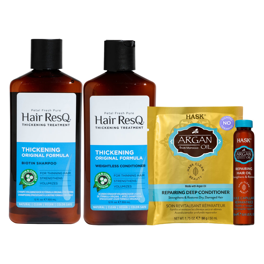 Hair Resq Original Formula Thickening Shampoo 355ml + Thickening Conditioner + HASK Argan Oil Repairing Deep Conditioner 50g + HASK Argan Oil 18ml Vial (4pc Combo Set)
