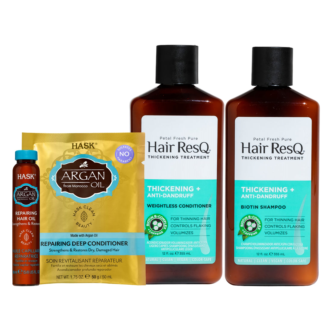 Hair Resq Thickening + Anti‑Dandruff Biotin Shampoo 355ml + Hair Resq Thickening + Anti‑Dandruff Weightless Conditioner 355ml + HASK Argan Oil Repairing Hair Oil 18ml + HASK Argan Oil Repairing Deep Conditioner 50g (Combo of 4 Pcs)