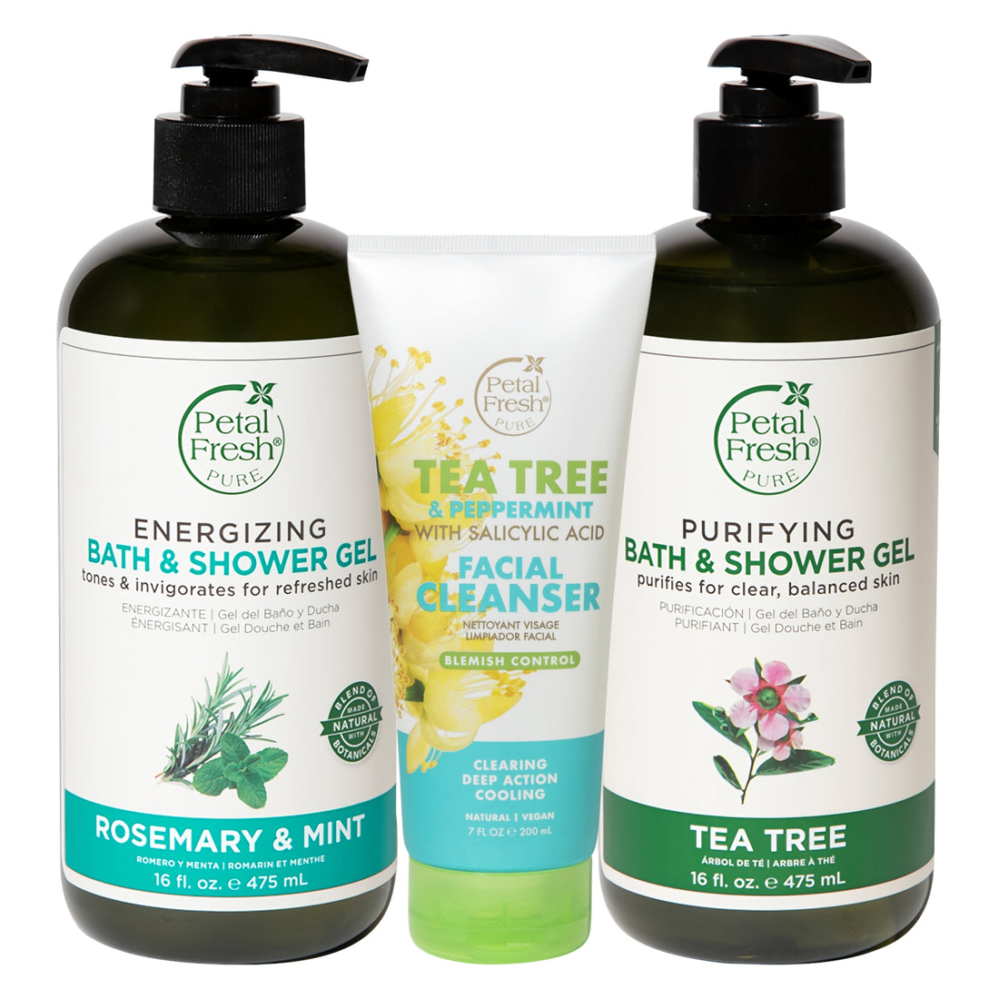 Petal Fresh Bath &amp; Shower Gel Rosemary Mint 475 mL + Bath &amp; Shower Gel Tea Tree 475 mL + Facial Cleanser Tea Tree &amp; Peppermint with Salicylic Acid 200 mL (3pc Combo)
