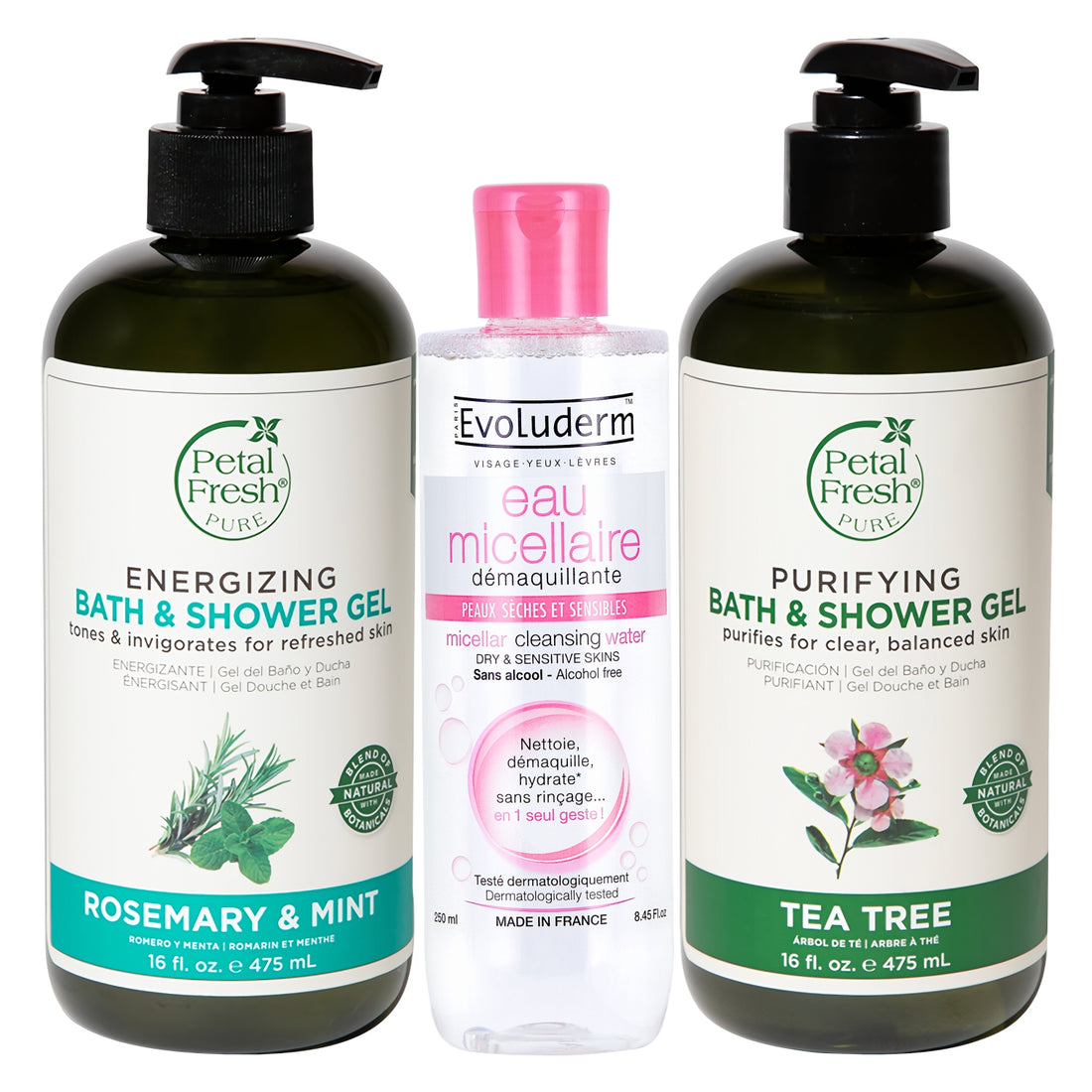 Petal Fresh Pure Bath &amp; Shower Gel Rosemary &amp; Mint 475ml + Petal Fresh Pure Bath &amp; Shower Gel Tea Tree 475ml + Evoluderm Micellar Cleansing Water for Dry &amp; Sensitive Skin 250ml (3pc Combo Pack)