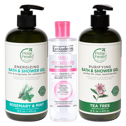 Petal Fresh Pure Bath &amp; Shower Gel Rosemary &amp; Mint 475ml + Petal Fresh Pure Bath &amp; Shower Gel Tea Tree 475ml + Evoluderm Micellar Cleansing Water for Dry &amp; Sensitive Skin 250ml (3pc Combo Pack)