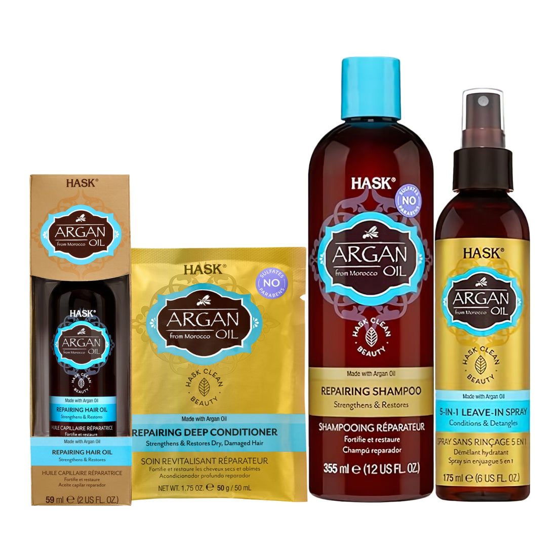 HASK Argan Oil Repairing Shampoo 355ml + HASK Argan Oil 5‑in‑1 Leave‑In Spray 175ml + HASK Argan Oil Repairing Deep Conditioner 50g + HASK Argan Oil Repairing Hair Oil 59ml (4pc Combo)
