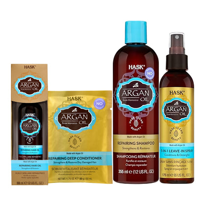 HASK Argan Oil Repairing Shampoo 355ml + HASK Argan Oil 5‑in‑1 Leave‑In Spray 175ml + HASK Argan Oil Repairing Deep Conditioner 50g + HASK Argan Oil Repairing Hair Oil 59ml (4pc Combo)