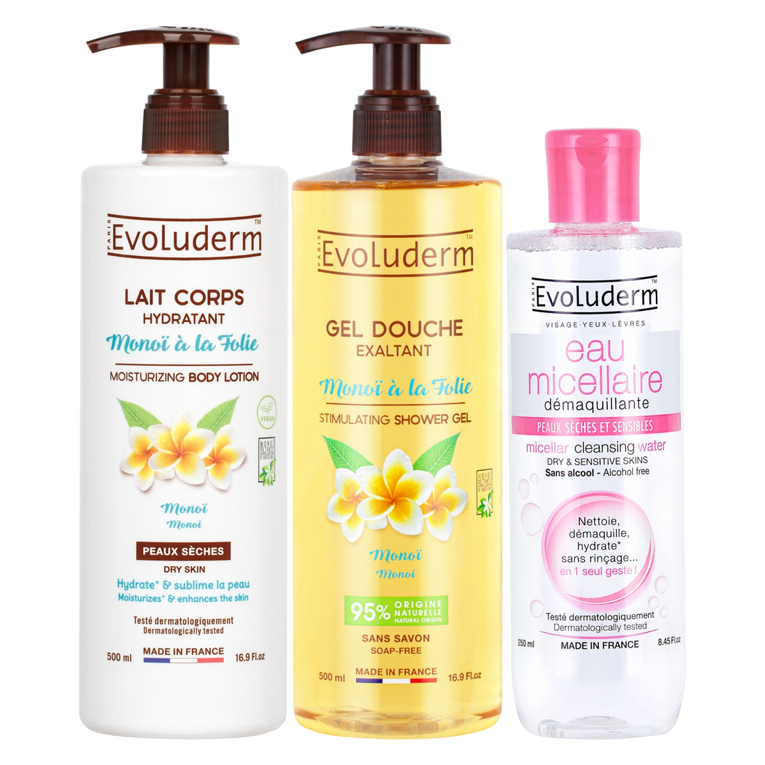Evoluderm Body Lotion Monoi à la Folie 500ml + Evoluderm Shower Gel Monoi à la Folie 500ml + Evoluderm Micellar Water Dry & Sensitive Skin 250ml (3pc Combo) Dermatologically Tested, Made in France