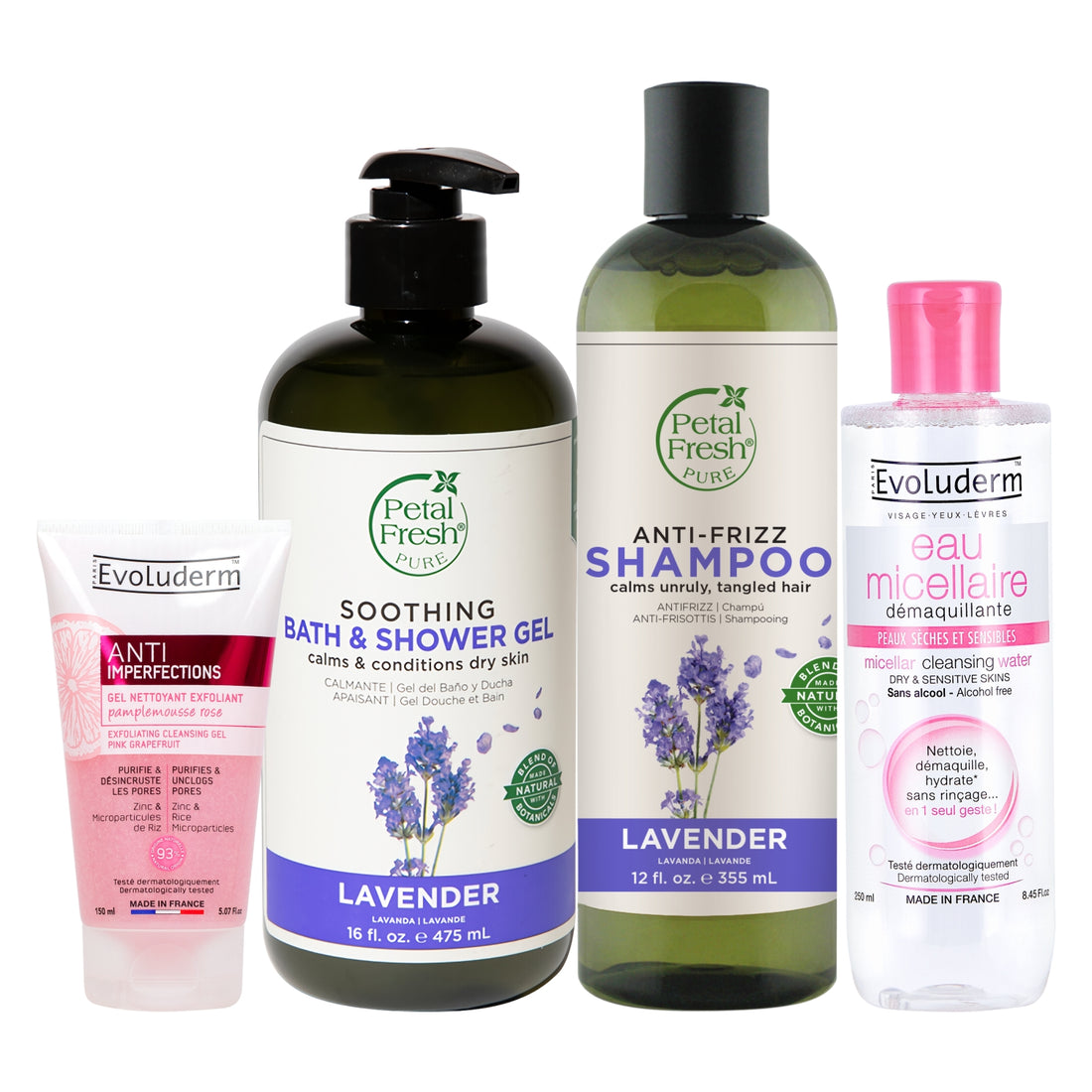 Petal Fresh Anti‑Frizz Shampoo Lavender 355ml + Petal Fresh Soothing Shower Gel Lavender 475ml + Evoluderm Anti‑Imperfections Exfoliating Cleansing Gel 150ml + Evoluderm Micellar Cleansing Water Dry &amp; Sensitive Skin 250ml (4pc Combo)