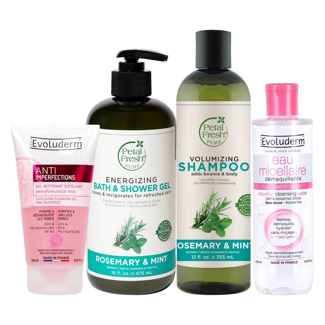 Petal Fresh Shampoo Rosemary & Mint 355ml + Petal Fresh Pure Energizing Bath & Shower Gel Rosemary & Mint 475ml – Tones & Refreshes Skin + Evoluderm Anti Imperfections Exfoliating Cleansing Gel 150ml + Evoluderm Micellar Cleansing Water 250ml (4pc Combo)