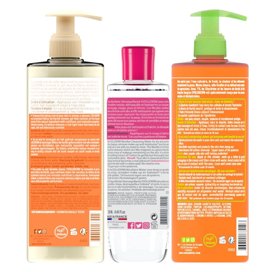 Evoluderm Gel Douche Surgras Hydratant Shower Gel Dry Skin 500ml + Evoluderm Eau Micellaire Démaquillante Cleansing Water Sensitive Skin 250ml + Evoluderm Gel Douche Fondant Délice de Karité Shea Butter Shower Gel 500ml (3pc Combo)
