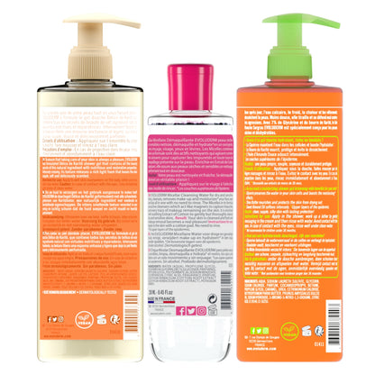 Evoluderm Gel Douche Surgras Hydratant Shower Gel Dry Skin 500ml + Evoluderm Eau Micellaire Démaquillante Cleansing Water Sensitive Skin 250ml + Evoluderm Gel Douche Fondant Délice de Karité Shea Butter Shower Gel 500ml (3pc Combo)