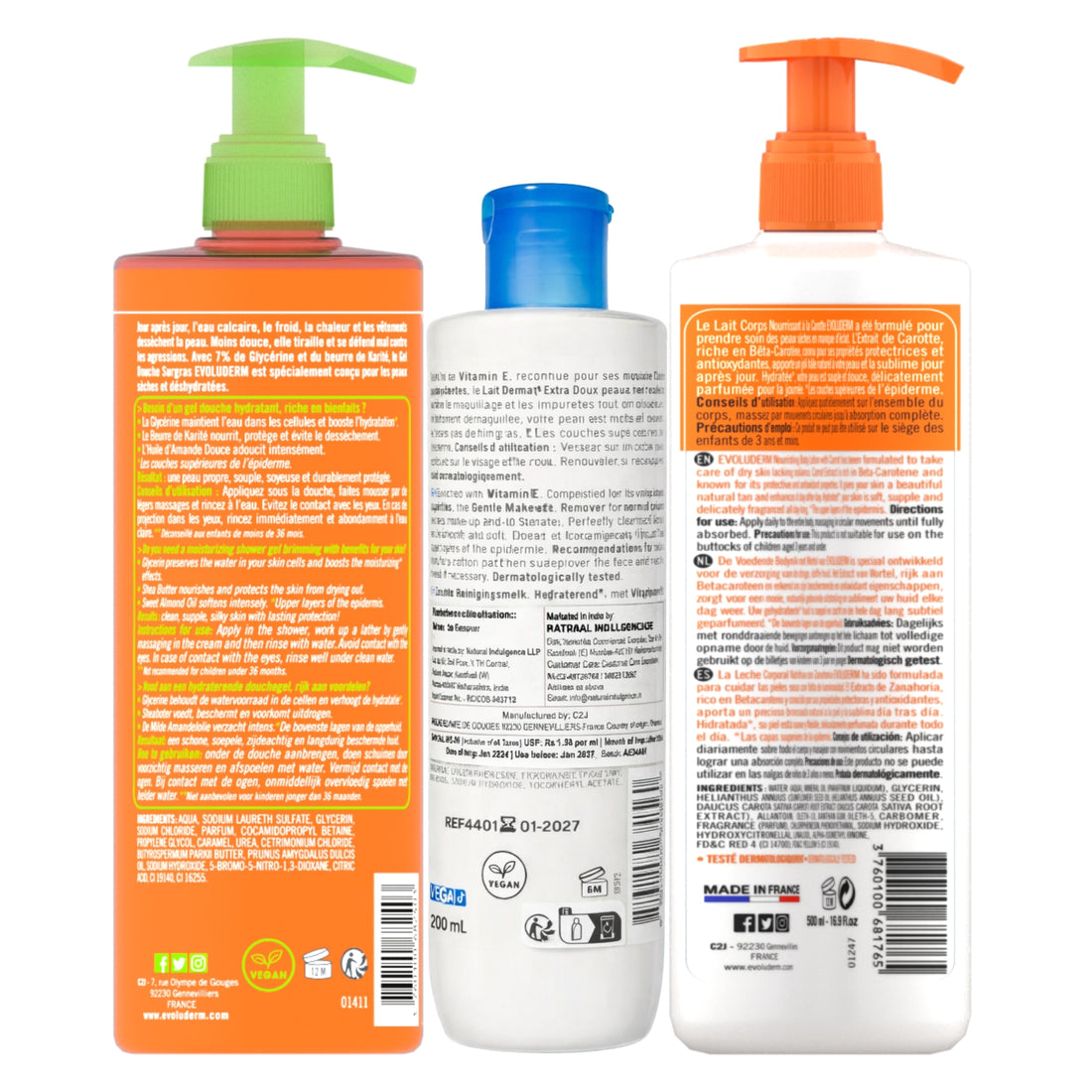 Evoluderm Lait Corps Nourrissant Carotte Vitaminée 500ml + Evoluderm Démaq Doux Yeux 250ml + Evoluderm Gel Douche Surgras Hydratant 500ml (3pc Combo)