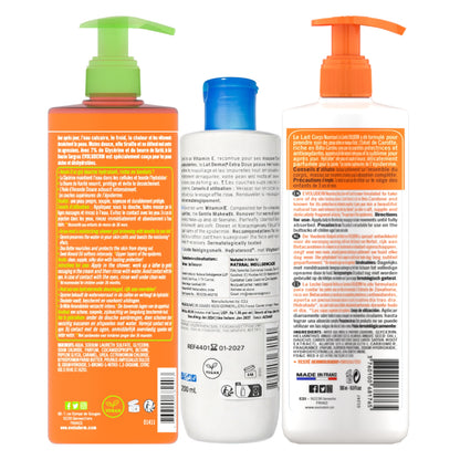 Evoluderm Lait Corps Nourrissant Carotte Vitaminée 500ml + Evoluderm Démaq Doux Yeux 250ml + Evoluderm Gel Douche Surgras Hydratant 500ml (3pc Combo)