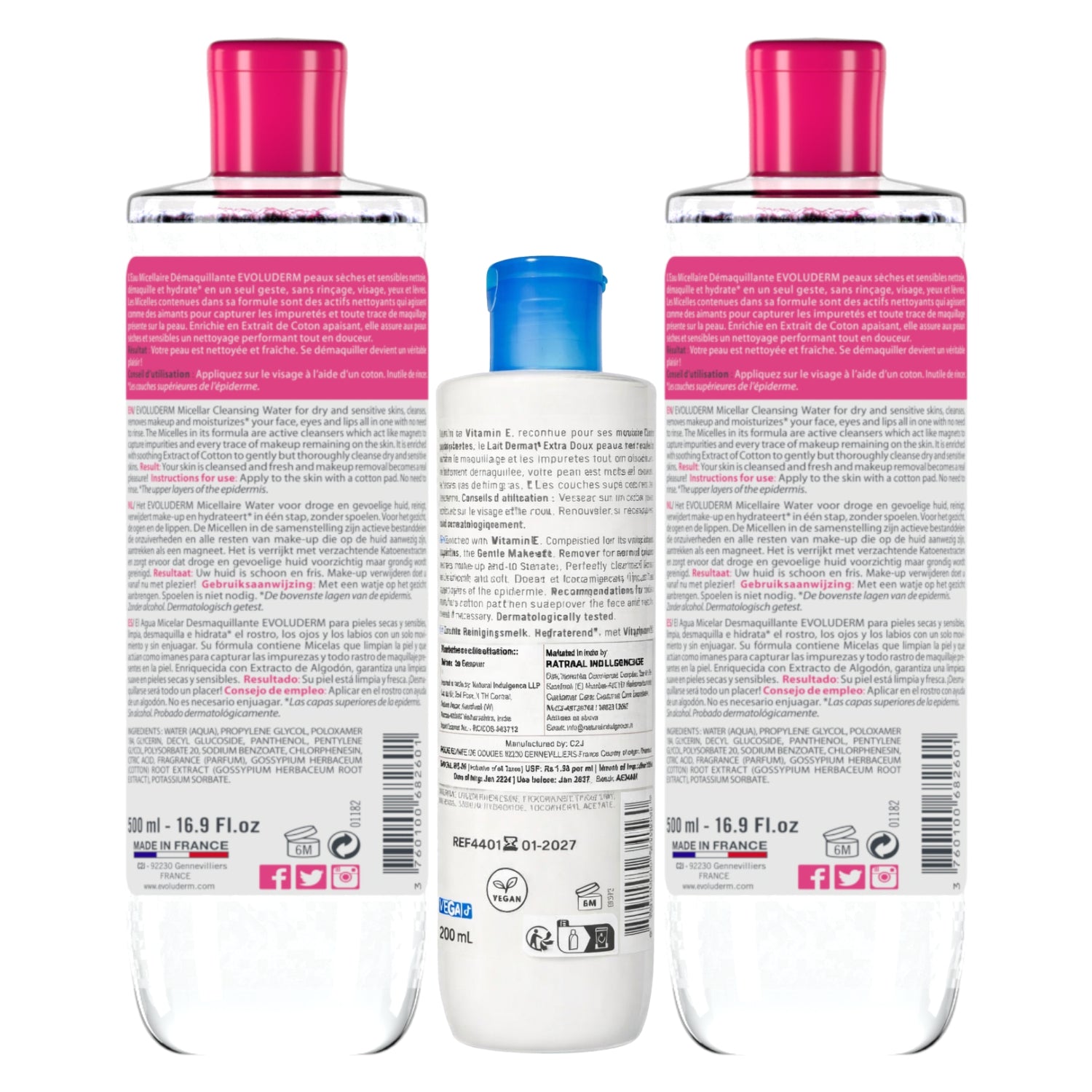 Evoluderm Micellar Cleansing Water Dry &amp; Sensitive Skin 500ml ×2 + Gentle Cleansing Milk with Vitamin E 200ml (3pc Combo)