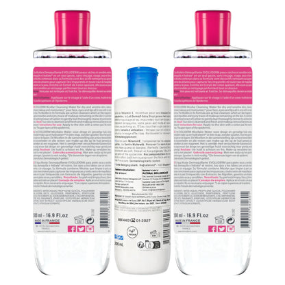 Evoluderm Micellar Cleansing Water Dry &amp; Sensitive Skin 500ml ×2 + Gentle Cleansing Milk with Vitamin E 200ml (3pc Combo)