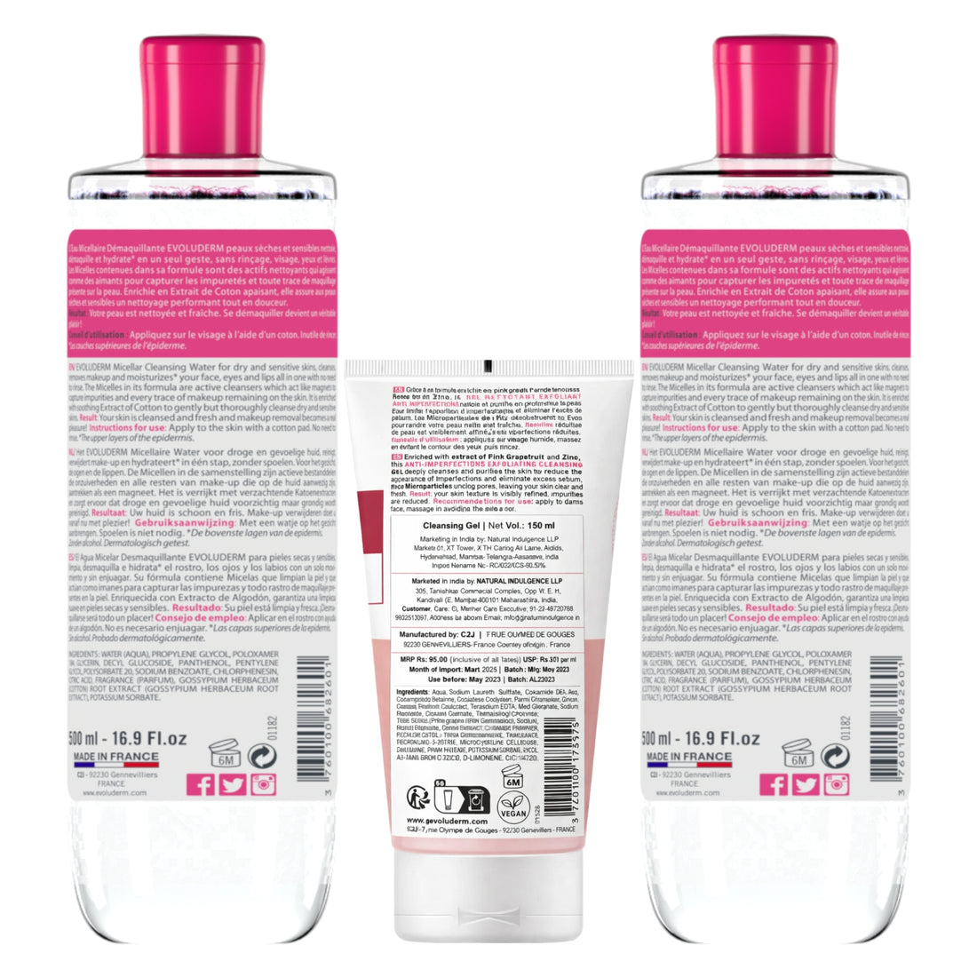 Evoluderm Micellar Cleansing Water for Dry &amp; Sensitive Skin 500ml (Pack of 2) + Anti‑Imperfections Exfoliating Cleansing Gel with Pink Grapefruit &amp; Zinc 150ml | Made in France (3pc Combo)