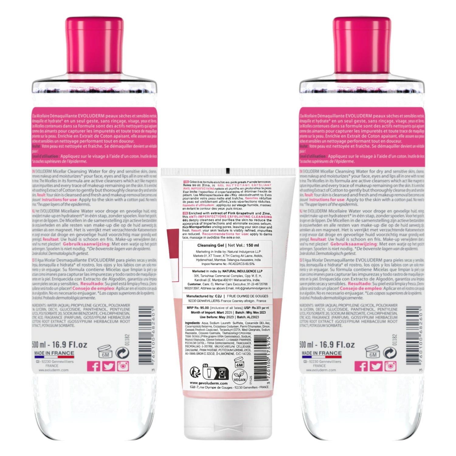 Evoluderm Micellar Cleansing Water for Dry &amp; Sensitive Skin 500ml (Pack of 2) + Anti‑Imperfections Exfoliating Cleansing Gel with Pink Grapefruit &amp; Zinc 150ml | Made in France (3pc Combo)
