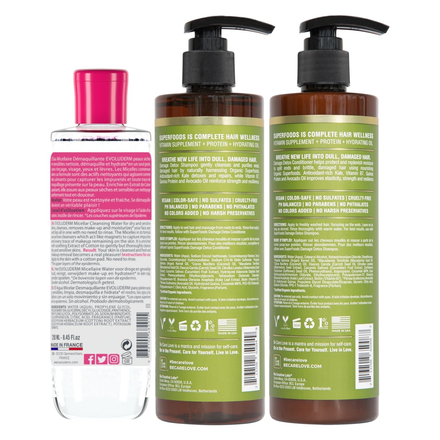 SUPER FOODS Damage Remedy Shampoo &amp; Conditioner (355 mL Each) + Evoluderm Micellar Cleansing Water (250 mL) | Vegan, Sulfate-Free, Color-Safe Haircare &amp; Gentle Makeup Remover